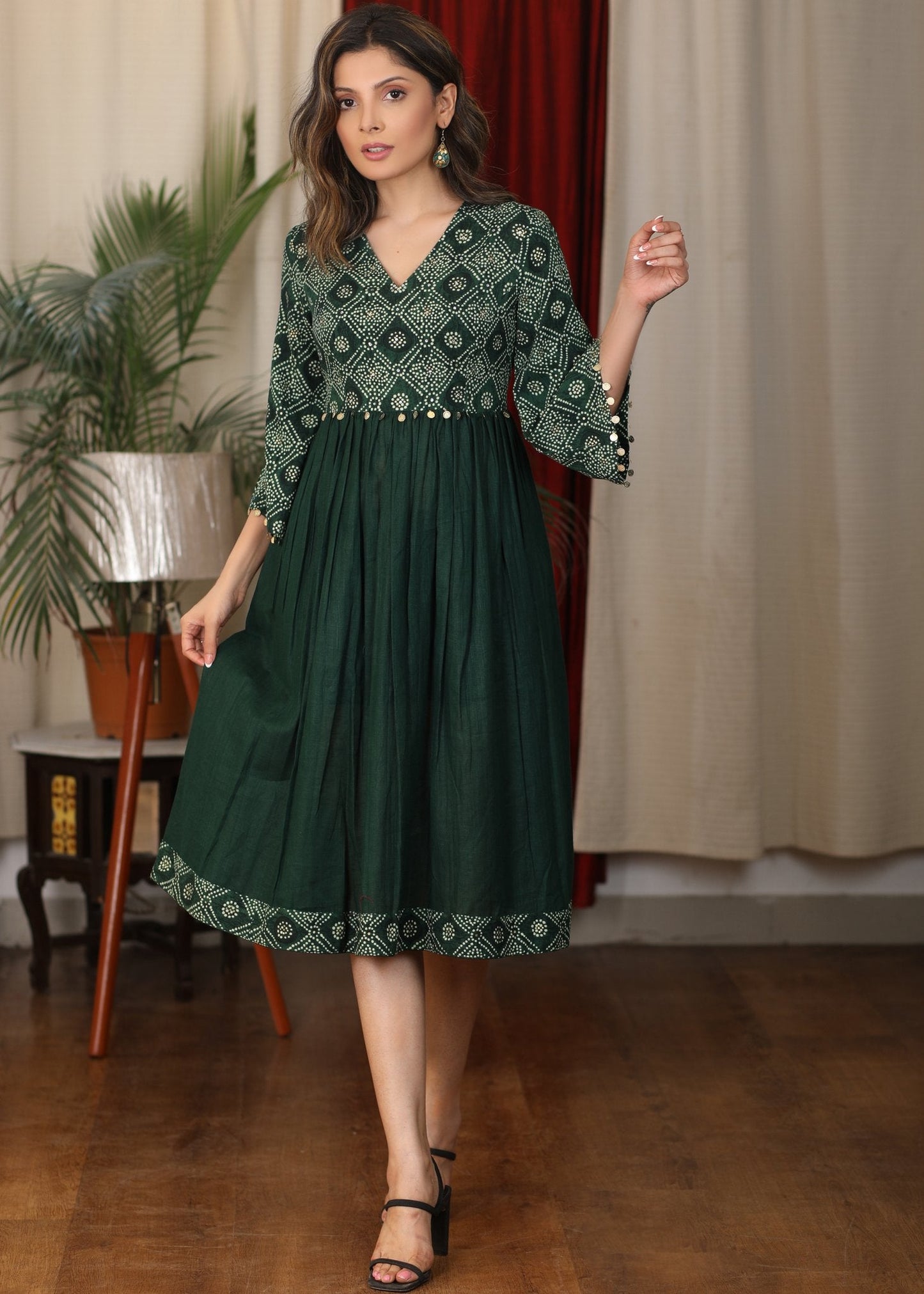 Bottle green bandhani gathered  slub silk dress with coin and stone embellishments