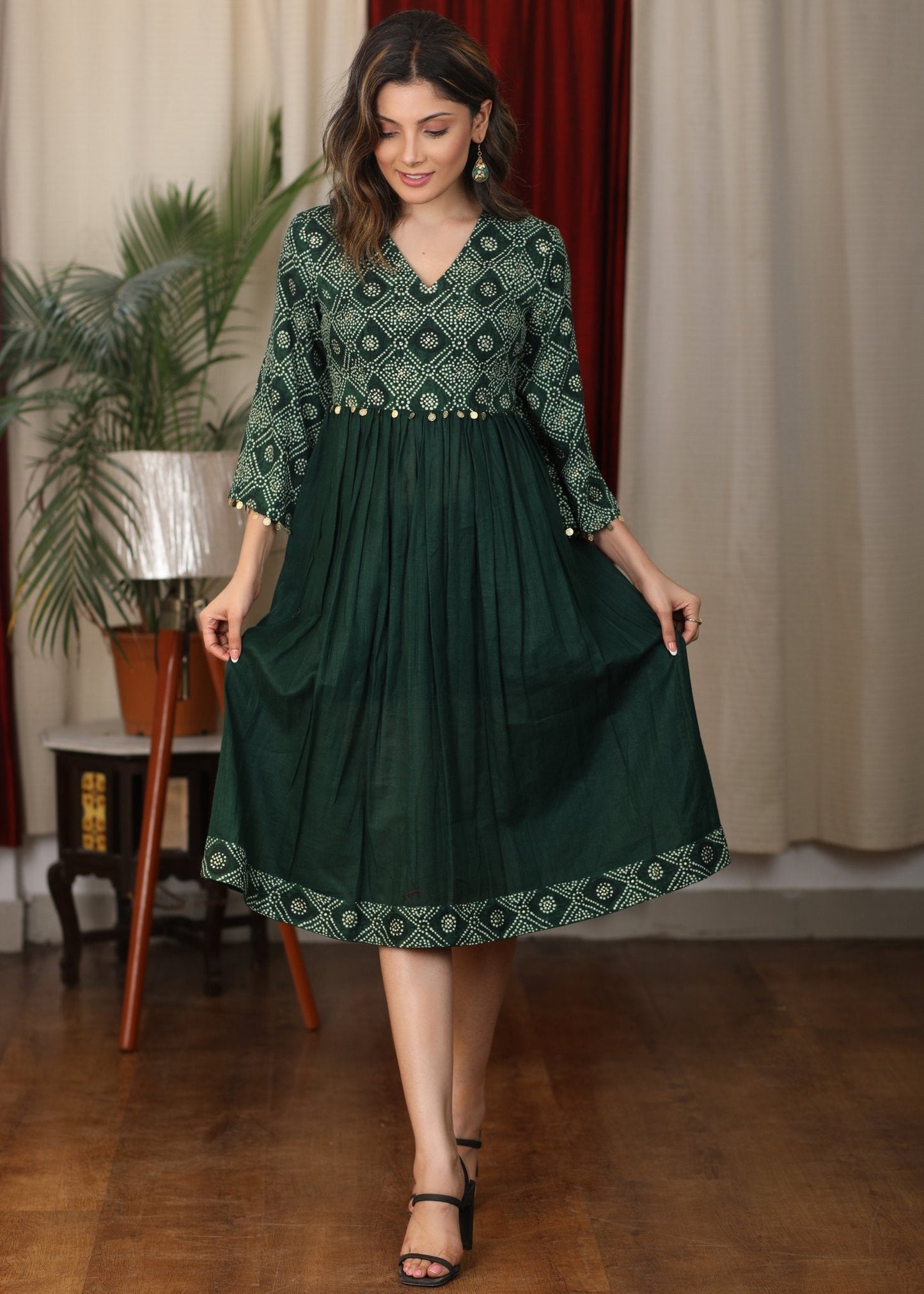 Bottle green bandhani gathered  slub silk dress with coin and stone embellishments