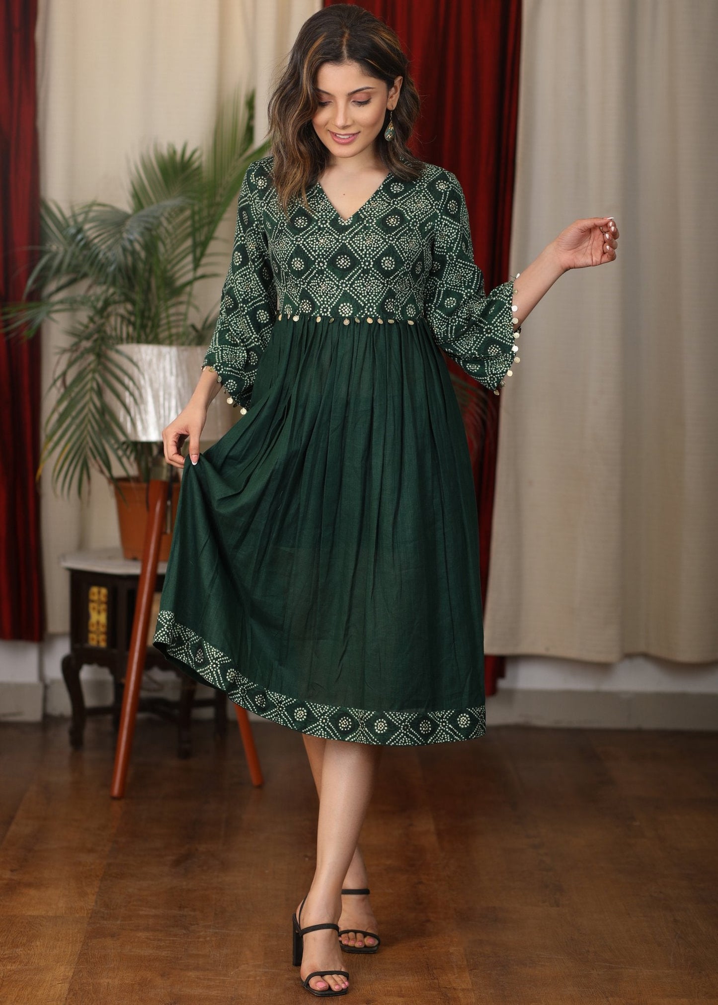 Bottle green bandhani gathered  slub silk dress with coin and stone embellishments