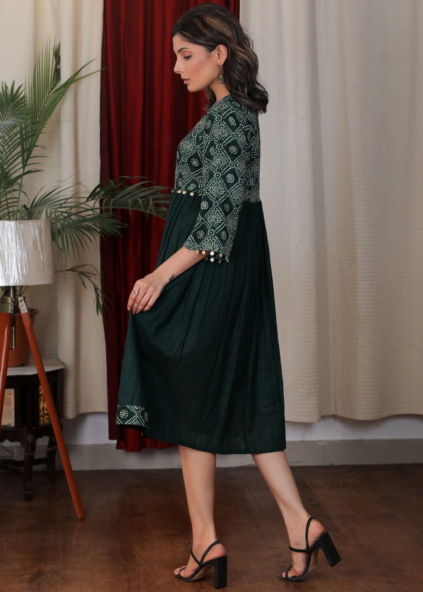 Bottle green bandhani gathered  slub silk dress with coin and stone embellishments