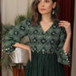 Bottle green bandhani gathered  slub silk dress with coin and stone embellishments
