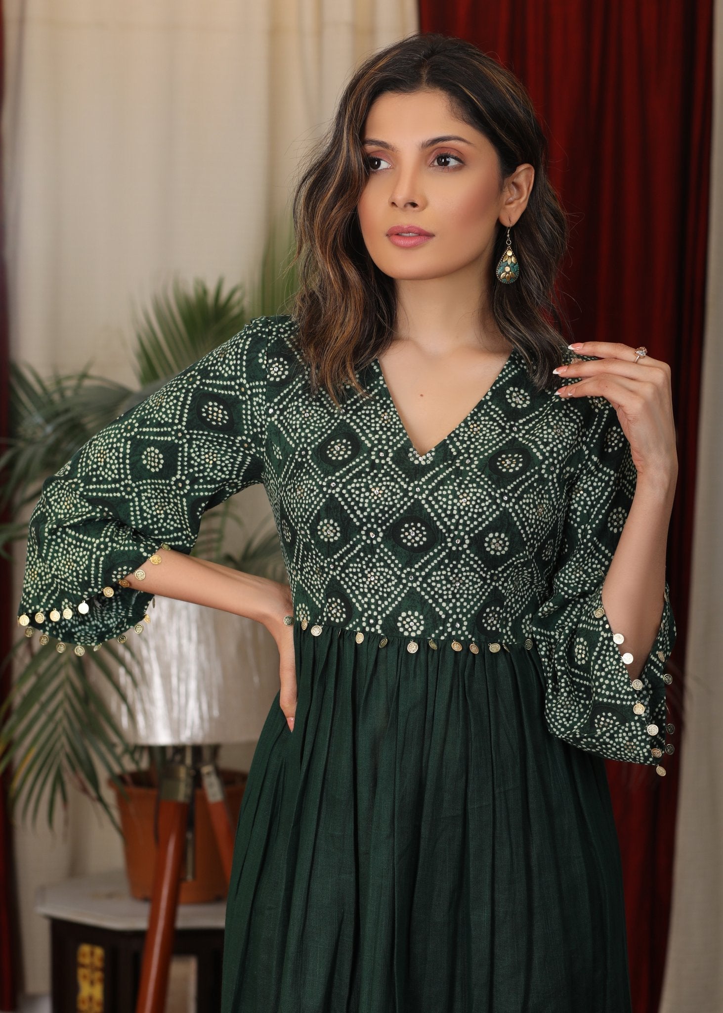 Bottle green bandhani gathered  slub silk dress with coin and stone embellishments