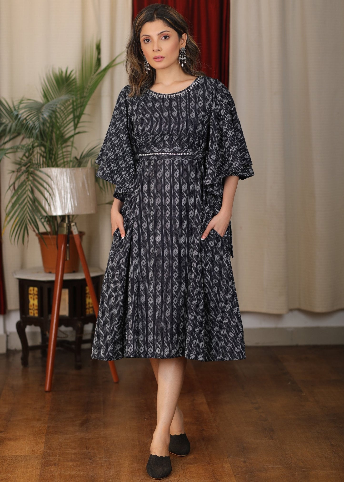 Beautiful navy blue katha work dress with minimal stone work and belt