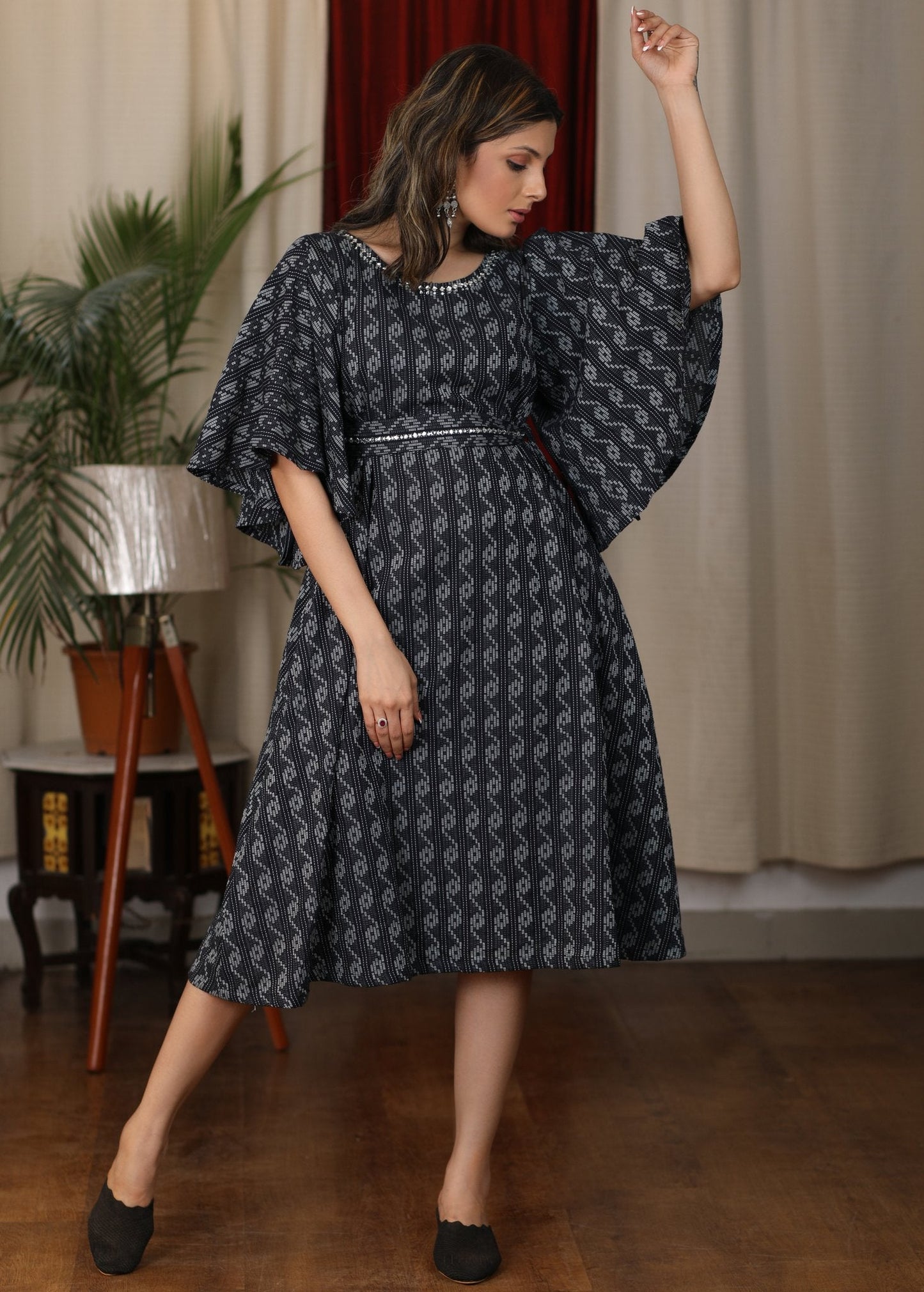 Beautiful navy blue katha work dress with minimal stone work and belt