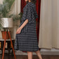 Beautiful navy blue katha work dress with minimal stone work and belt