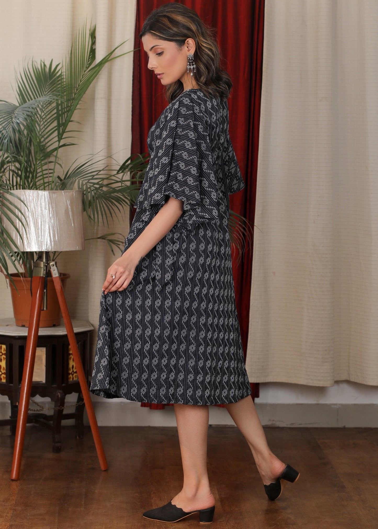 Beautiful navy blue katha work dress with minimal stone work and belt