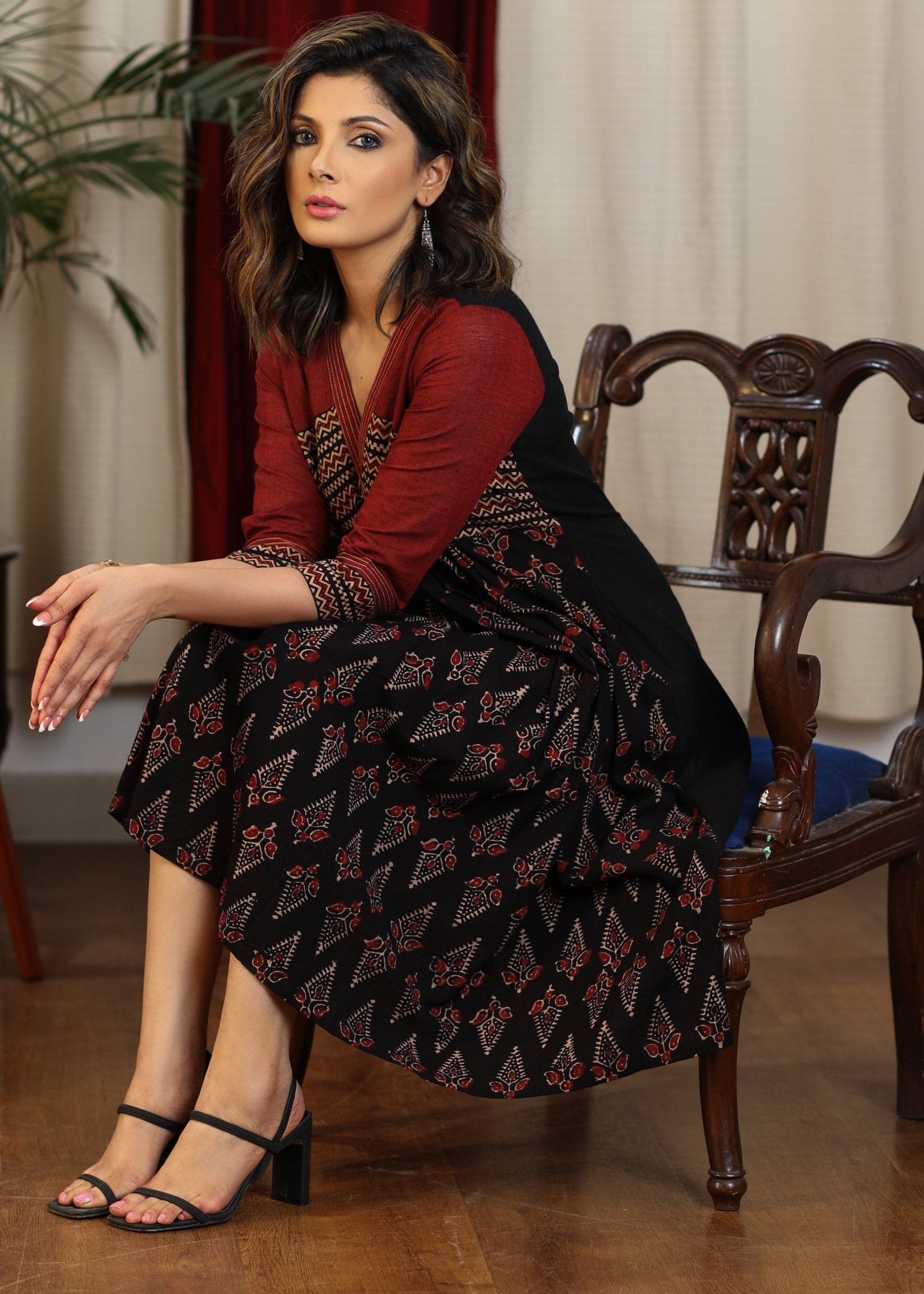Beautiful V neck black and maroon ajrakh combination gathered dress