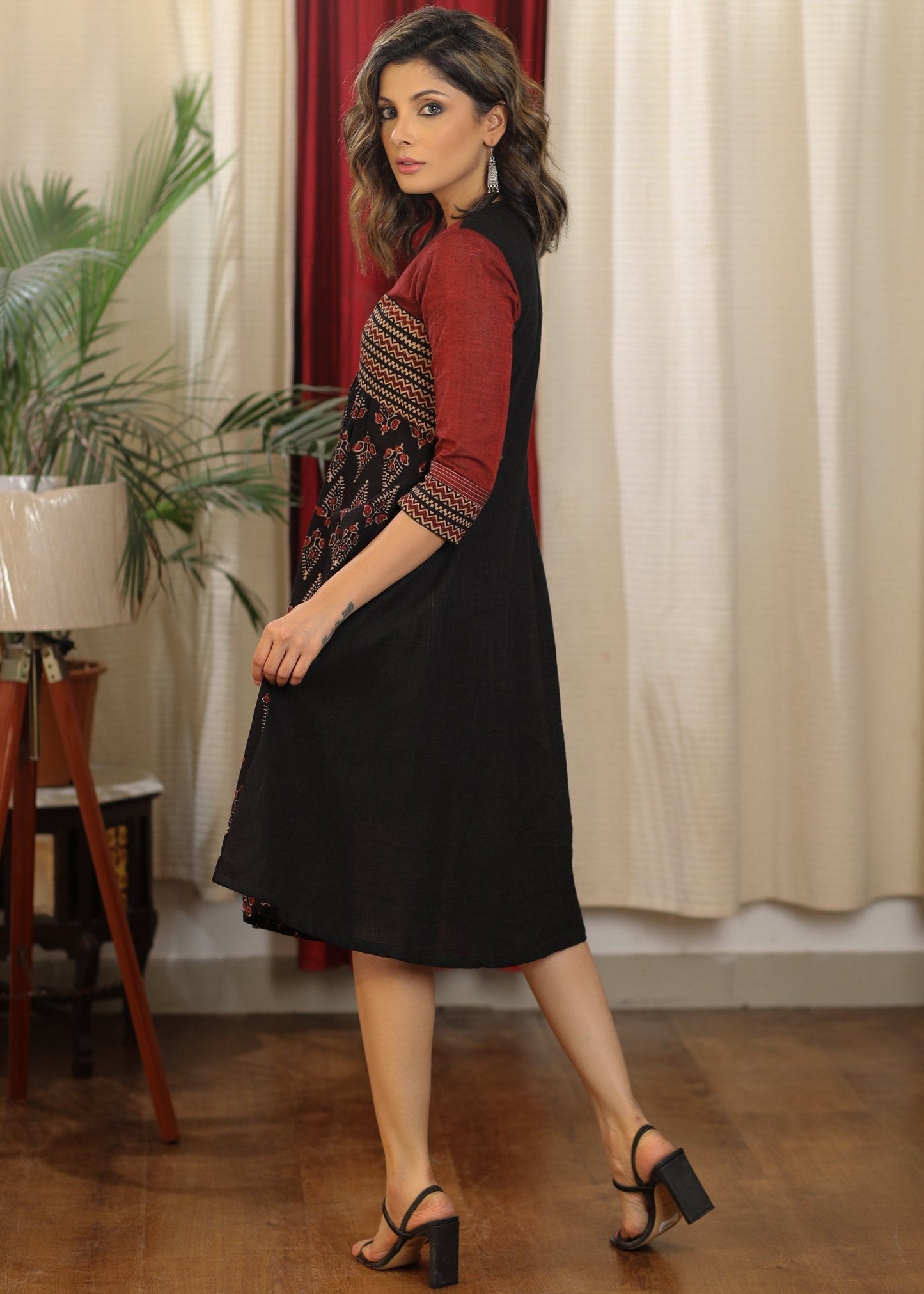 Beautiful V neck black and maroon ajrakh combination gathered dress