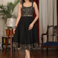 Exquisite black cotton dress with golden foil warli print combination and coin embellishments
