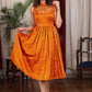 Exclusive orange gathered cotton silk dress with turtle neck and floral embroidery