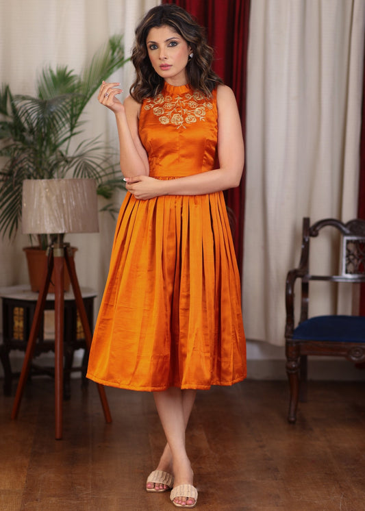 Exclusive orange gathered cotton silk dress with turtle neck and floral embroidery