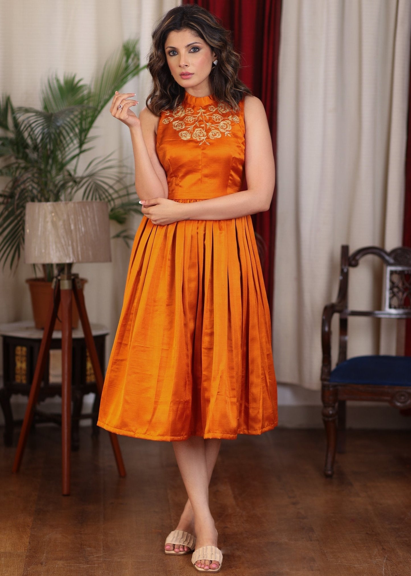 Exclusive orange gathered cotton silk dress with turtle neck and floral embroidery