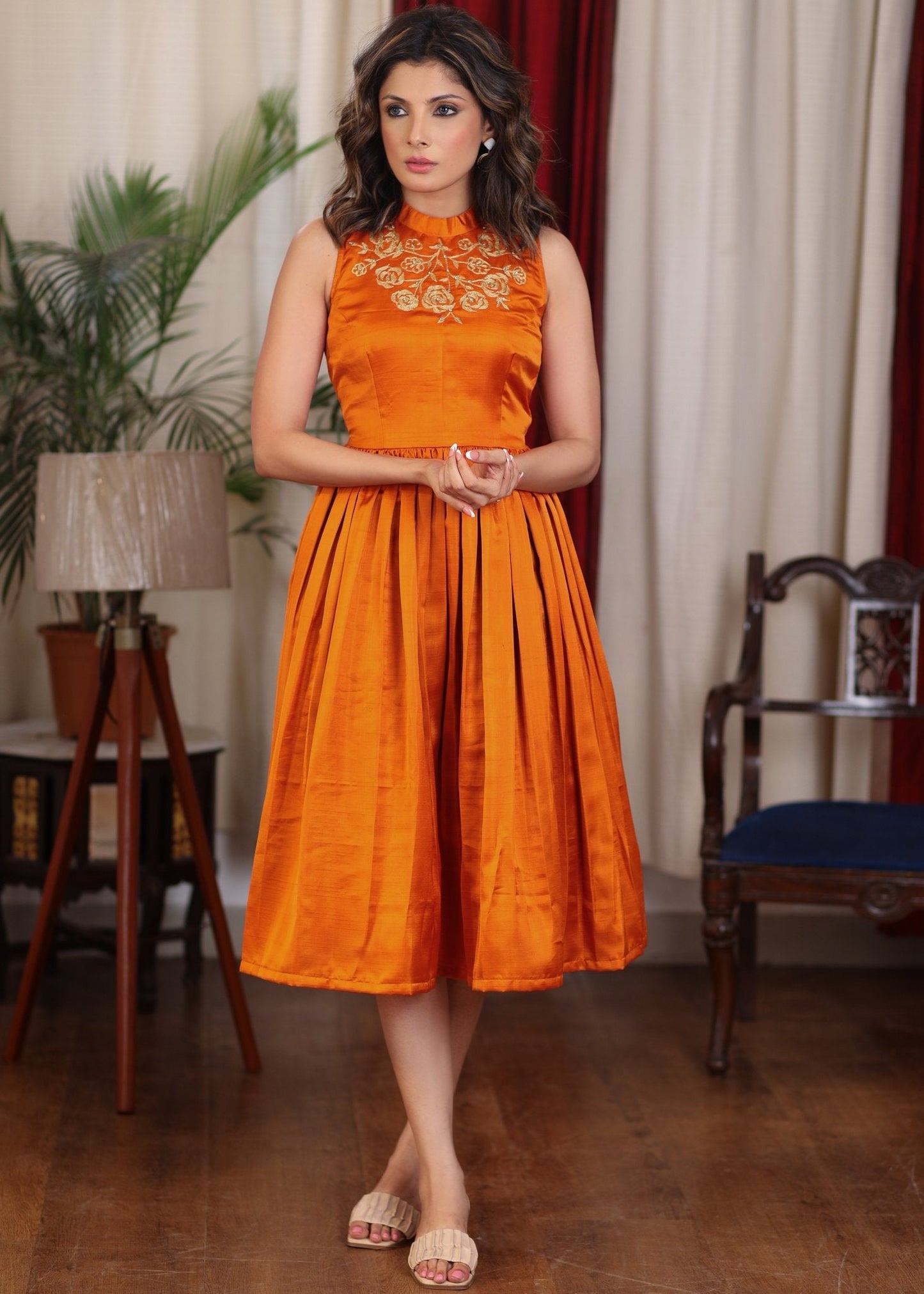 Exclusive orange gathered cotton silk dress with turtle neck and floral embroidery