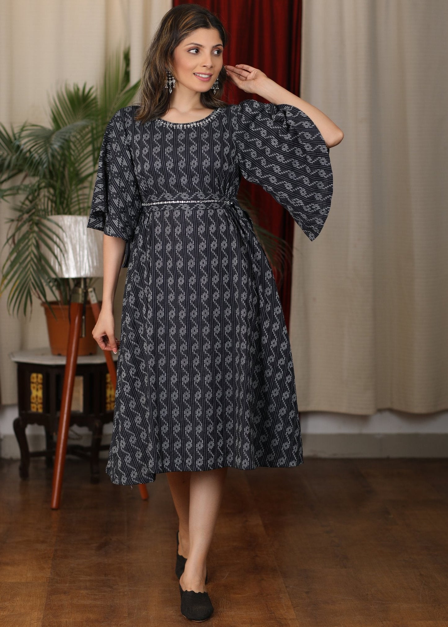 Beautiful navy blue katha work dress with minimal stone work and belt