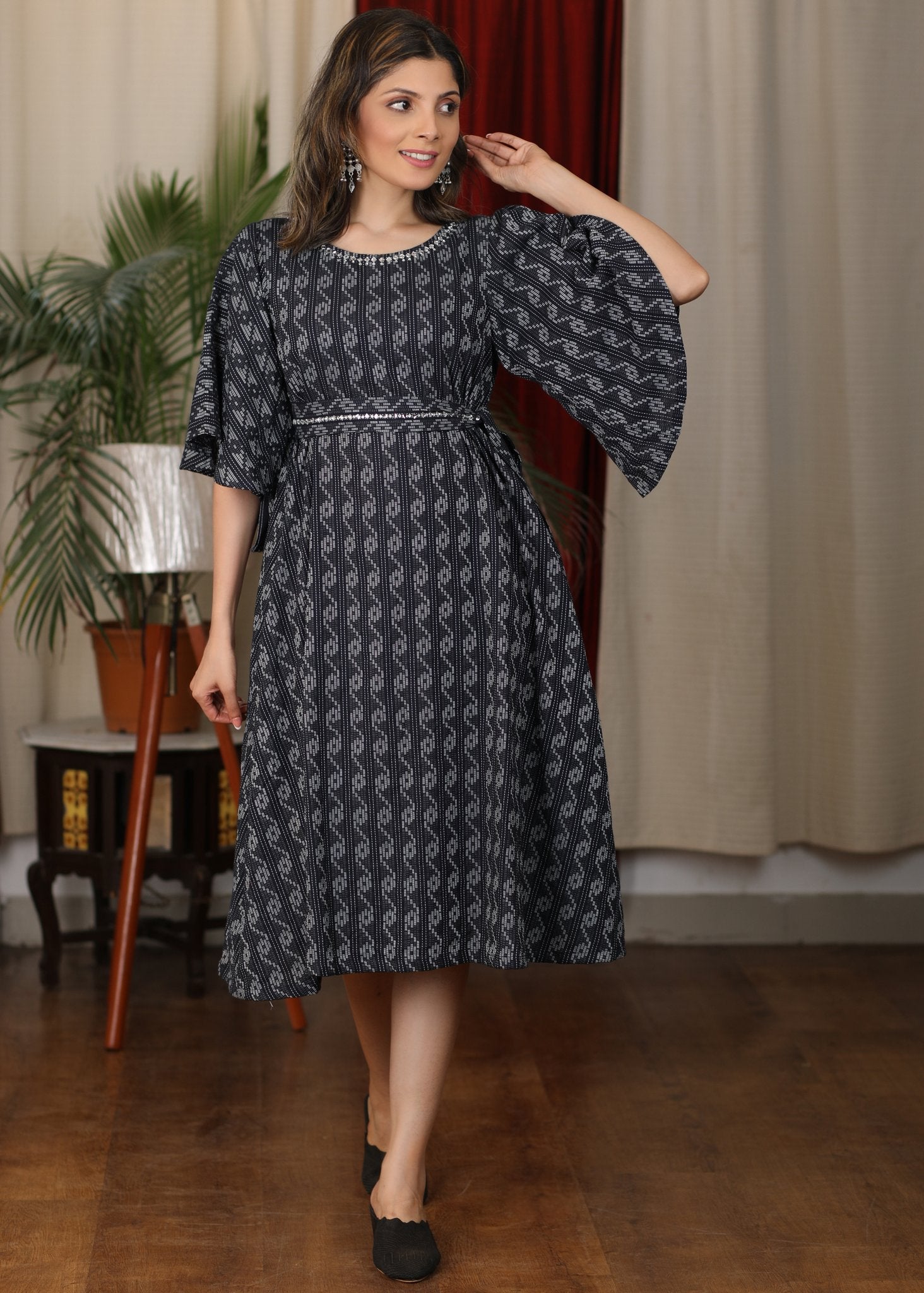 Beautiful navy blue katha work dress with minimal stone work and belt