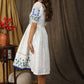 Stylish classic white  cotton silk gathered dress with elegant embroidery paired with chanderi sleeves