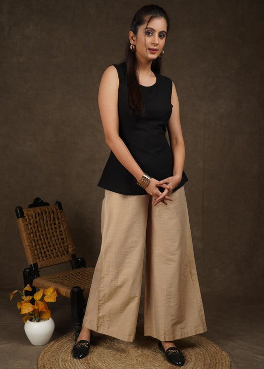 Elegant beige cotton silk wide leg palazzo pant