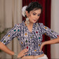 Trendy indigo katha line work blouse with collar neck