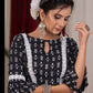 Standout kantha print navy blue blouse with bell sleeve highlighted with macrame lace