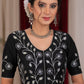 Exclusive black cotton silk blouse with overall floral embroidery