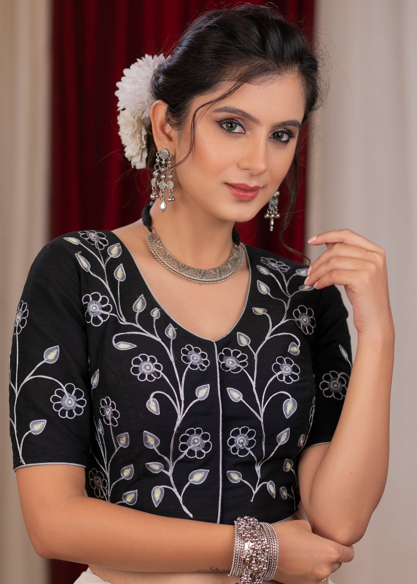 Exclusive black cotton silk blouse with overall floral embroidery