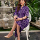 Elegant purple mercerised Ikat dress designed with a softly folded round neckline revealing grey highlights and balanced grey accents throughout