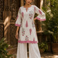 Ivory Straight Cotton Short Kurta with Pink Botanical Block Print & Contrast Scalloped Hem & Sleeve Cuffs