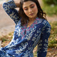 Indigo Floral Kurta with Playful Stripe Print and Magenta Hand Mirror Work on Overlapping Neckline