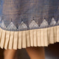 Two-tone handloom cotton dress with delicately painted Madhubani fish motifs and pleated hem.