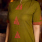 Gorgeous olive dress with pink abstract triangle hand block prints placed at the centre, sleeves, and back, featuring a mandarin collar and half sleeves for a refined, contemporary look.
