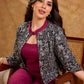 Elegant black motif jacket with fine illustrative prints, a tailored fit, and a contrasting wine neckline, delivering a composed, well-defined look ideal for polished corporate styling.