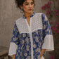 Blue floral Jaipur-printed top with statement hakoba panels and delicate white lace accents.