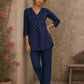 Vibrant navy blue and pink hand block print top features bell sleeves, floral detailing, and rich navy hues for effortless everyday charm.