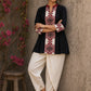 Heritage-inspired black top showcasing handcrafted block print panels, elegant maroon trims, and timeless artistry for versatile modern styling.