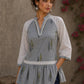 Soft blue Jaipur hairline stripe top featuring Hakoba raglan sleeves and a flattering gathered waist silhouette.
