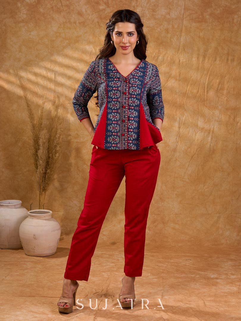 Classic navy blue printed jacket with flared panels and bold red accents, offering a structured yet dynamic silhouette with refined detailing, ideal for polished, elevated corporate styling.