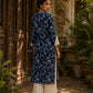Bold Navy Blue Floral Print Kurta with Ivory Hakoba Cuffs & Pearl Embellished Placket