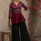 Bold and playful maroon hand block print peplum top with beige geometric motifs and subtle blue accents for effortlessly chic everyday style.