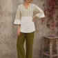 Contemporary off white and olive hand block print top features subtle geometric motifs, airy bell sleeves, and effortless elegance for versatile everyday styling.