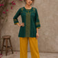 Enchanting bottle green tunic featuring a refined, rhythmic Block print motifs, vibrant mustard accents, and a graceful aesthetic.