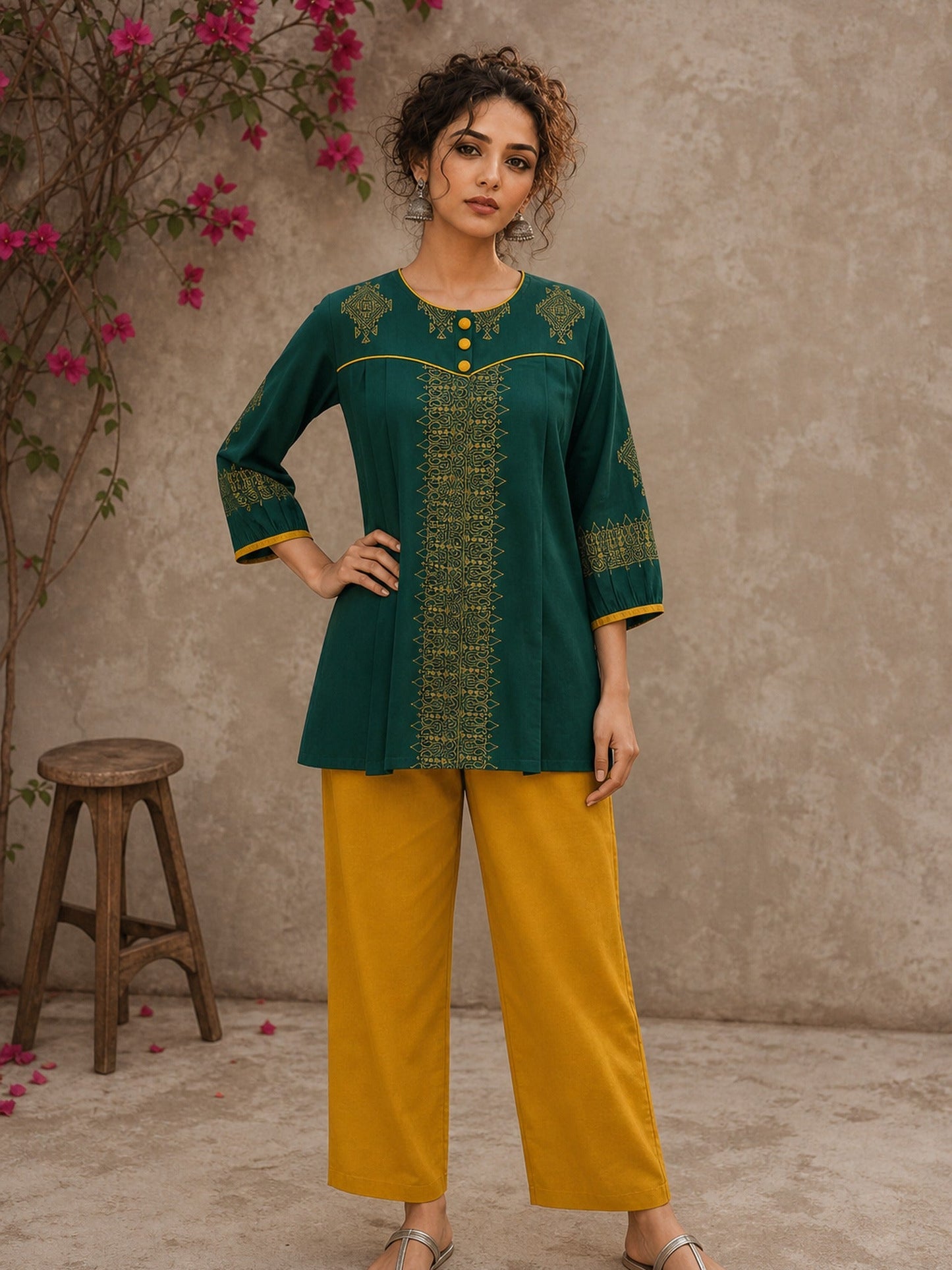 Enchanting bottle green tunic featuring a refined, rhythmic Block print motifs, vibrant mustard accents, and a graceful aesthetic.