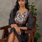 Black Kalamkari-inspired printed dress with maroon accents and pearl embellishments