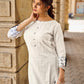 Classic White Cotton Kurta Featuring Black Leaf Vine Embroidery & Printed Sleeve Detail