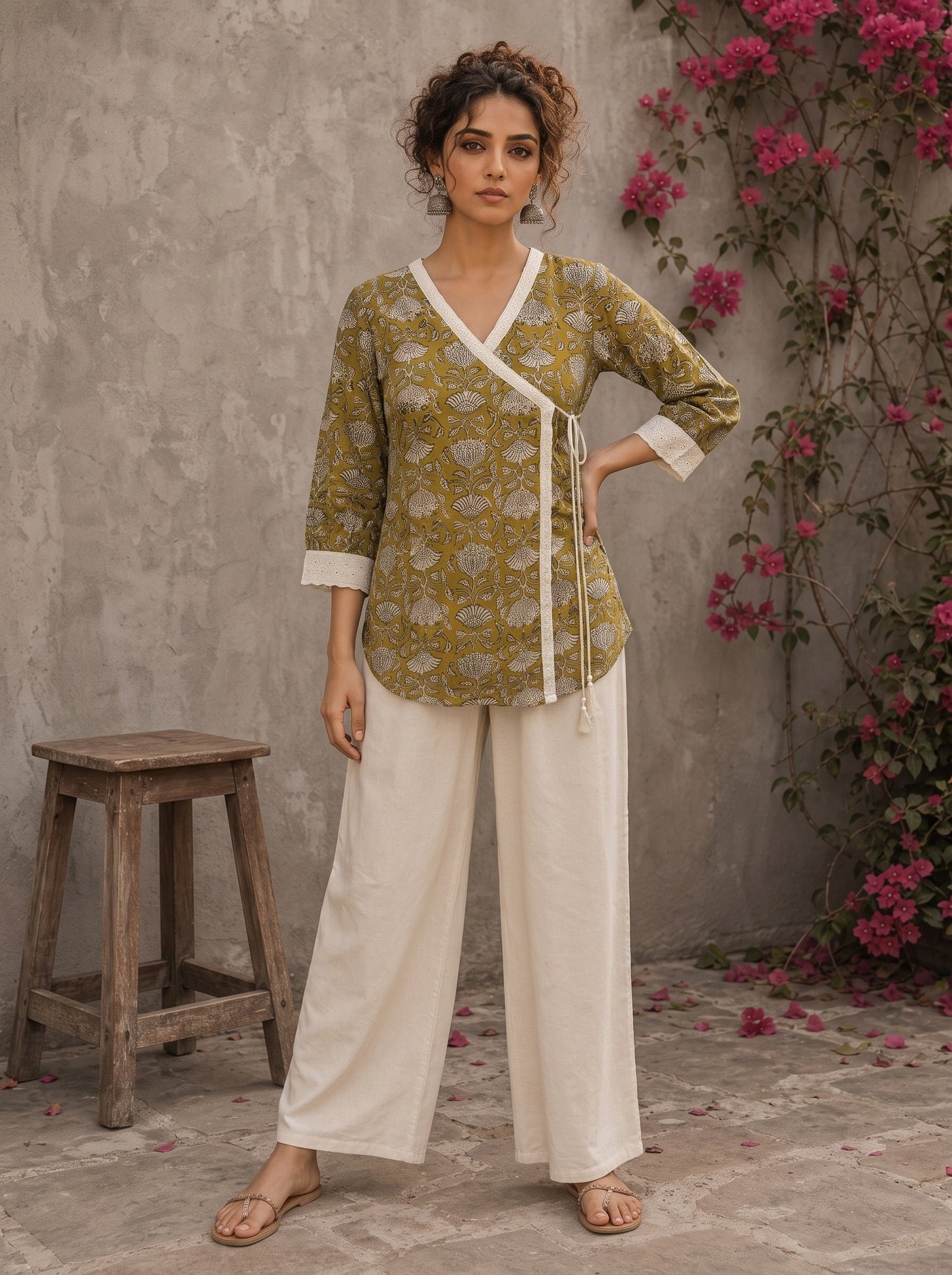 Mustard Jaipur cotton wrap-style Angarkha top with off-white Hakoba cuffs and graceful contrast accents.