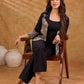 Elegant black and navy Kalamkari jacket featuring a notch collar and subtle navy accents, creating a graceful, tailored silhouette suited for polished corporate wear.