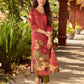 Classic deep rustic maroon kurta with detailed hand embroidery, statement olive and cream Pichwai artwork, and rich gold highlights