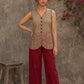 Sophisticated beige waist coat top showcasing refined leaf block print motifs, a polished button-down front, and elegant red piping for artisanal style.
