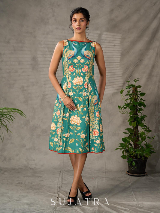 Green peacock motif printed dress with straight neckline and orange accents