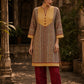 Mustard Geometric Print Short Kurta with Pin-Tucked Yoke & Contrast Maroon Button Detail
