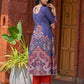 Stunning royal blue printed kurta adorned with handcrafted zardozi and sequin detailing on the keyhole neck.